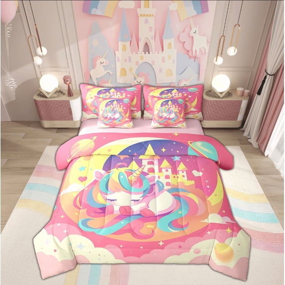 Feelyou Cute Cartoon Unicorn Twin Bedding Sets 7-Piece, Happy Birthday Bedding Comforter Set, Cartoon Princess Castle Sheet Sets, Breathable Bedroom Decor