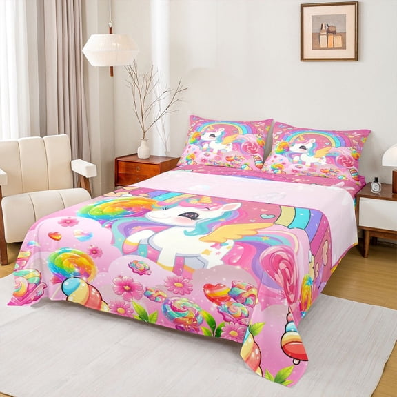 Manfei Cute Cartoon Unicorn Twin Sheet Sets,Colorful Rainbow Candy Twin Fitted Sheet,Kawaii Daisy Flower Flat Sheet For Girl,Microfiber Bedroom Decor,3 Pieces