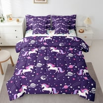 Manfei Cute Cartoon Unicron 7-Piece Twin Bedding Sets,Planet Stars Print Bedding Comforter Set,Purple White Pink Sheet Sets For Girls,Luxury Bedroom Decor Reversible