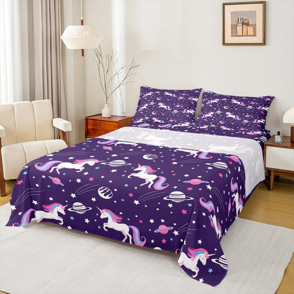 Manfei Cute Cartoon Unicron Twin Sheet Sets,Planet Stars Print Twin Fitted Sheet,Purple White Pink Flat Sheet For Girls,Luxury Bedroom Decor,3 Pieces