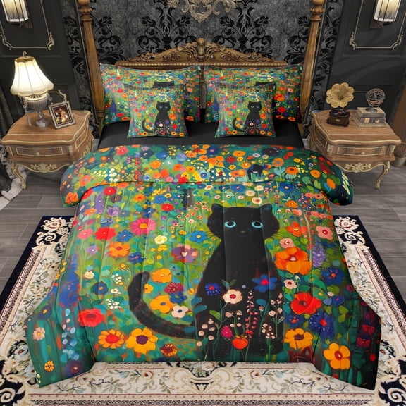 Manfei Cute Cat 7-Piece Twin Bedding Sets,Colorful Flower Floral Bedding Comforter Set,Oil Painting Sheet Sets For Girls Kids,Breathable Home Decor Reversible