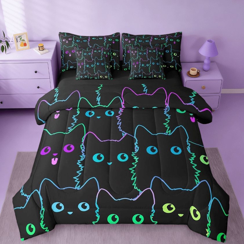 Manfei Cute Cat 7pcs Bedding Comforter Set,Cute Kitten Animal Colorful Queen Bedding Sets For Kawaii Cat Lover Reversible