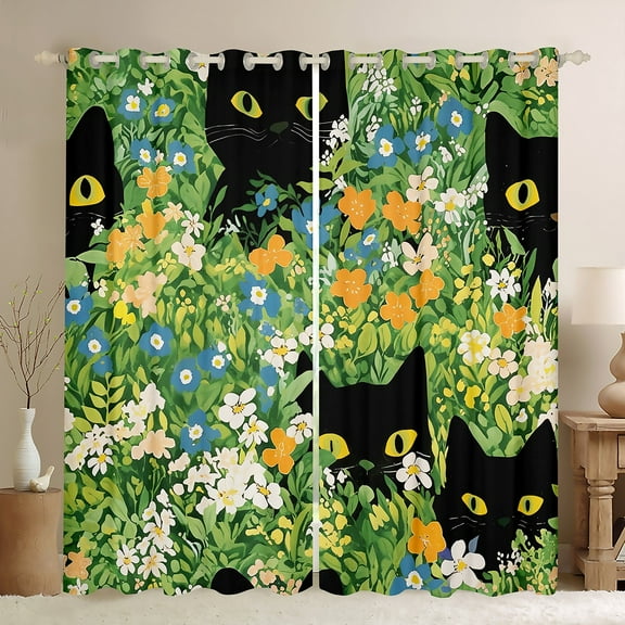 Manfei Cute Cat Black Out Curtains,Rustic Flower Floral Curtains Pack of 2 (42x63 Each),Black Green White Bedroom Curtains For Girls Kids,Ultra Soft Home Decor