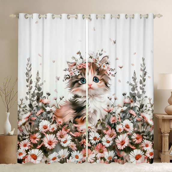Manfei Cute Cat Blackout Curtains, Cartoon Kitten Animal Window Curtains Pack of 2 (38x45 Each), Pink White