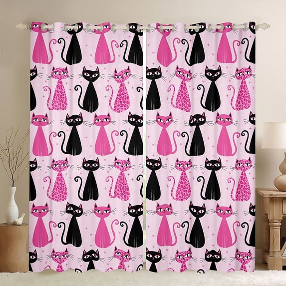 Manfei Cute Cat Blackout Curtains Set of 2 (52x84 Each), Cartoon Kitten Lover Curtain, Hot Pink