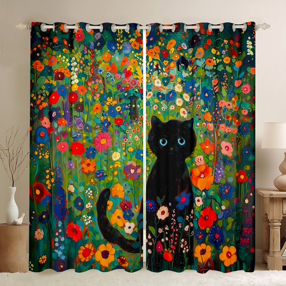 Manfei Cute Cat Curtains Pack of 2 (42x84 Each),Colorful Flower Floral Curtains Blackout,Oil Painting Bedroom Curtains For Girls Kids,Breathable Home Decor