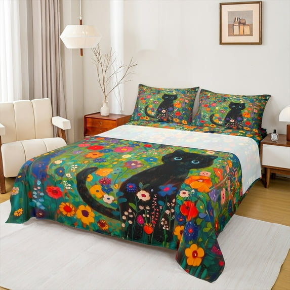 Manfei Cute Cat Full Size Sheets,Colorful Flower Floral Bed Sheets,Oil Painting Sheet Sets For Girls Kids,Breathable Home Decor,4-Piece