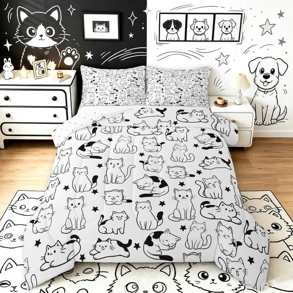 Manfei Cute Cat King Size Comforter Sets, Cartoon Graffiti Kitten Comforters King Size, Black White, Reversible, 3 Pieces, 1 Comforter and 2 Pillowcases