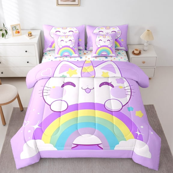 Manfei Cute Cat Kitten Bedding Comforter Set 7-Piece, Dreamy Cloud Rainbow King Bedding Sets, Cartoon Kawaii Animal Reversible Bed Sheets, Super Cozy Room Decor