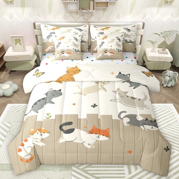 Manfei Cute Cat Kitten Bedding Comforter Set 7pcs for Girl, Garden Butterfly King Bedding Sets, Kawaii Cartoon Theme Reversible Bed Sheets, Ultra Soft Bedroom Decor