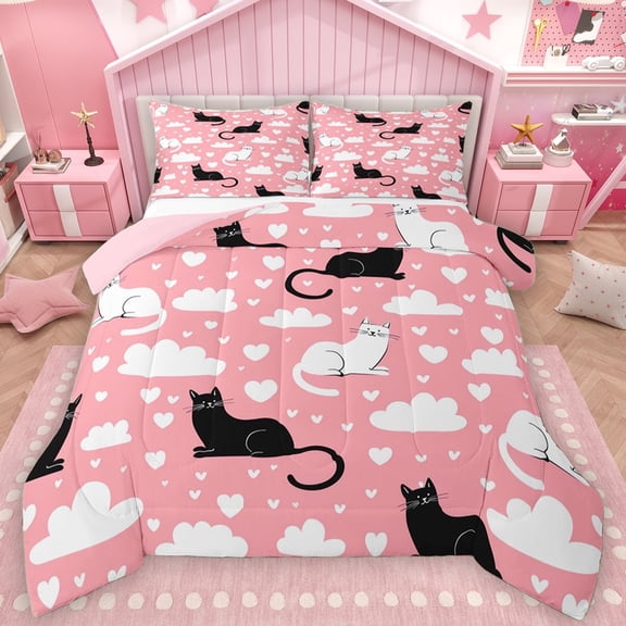 Manfei Cute Cat Kitten Bedding Comforter Set for Teen, Cloud Love Heart Twin Comforter Sets, Kawaii Pink Cartoon Reversible Bedding Set, Ultra Soft Bedroom Decor, 2-Piece