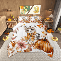 Manfei Cute Cat Kitten Bedding Comforter Set for Teens, Fall Maple Leaf Pumpkin Twin Comforter Sets, Kawaii Animal Reversible Bedding Set, Microfiber Bedroom Decor, 2pcs