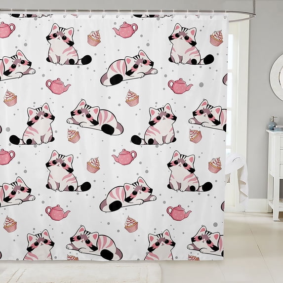 Manfei Cute Cat Kitten Shower Curtain 72Wx72L, Cartoon Cupcake Bathroom Curtain, Pink White