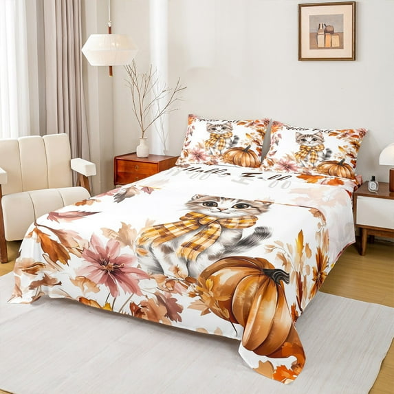 Manfei Cute Cat Kitten Twin Sheet Sets for Teens, Fall Maple Leaf Pumpkin Twin Fitted Sheet, Kawaii Animal Flat Sheet, Microfiber Bedroom Decor, 3pcs