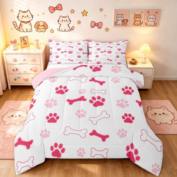Manfei Cute Cat Paw King Size Comforter Sets, Cartoon Dog Bone Comforters King Size, White Pink, Pink Reversible, 3 Pieces, 1 Comforter and 2 Pillowcases