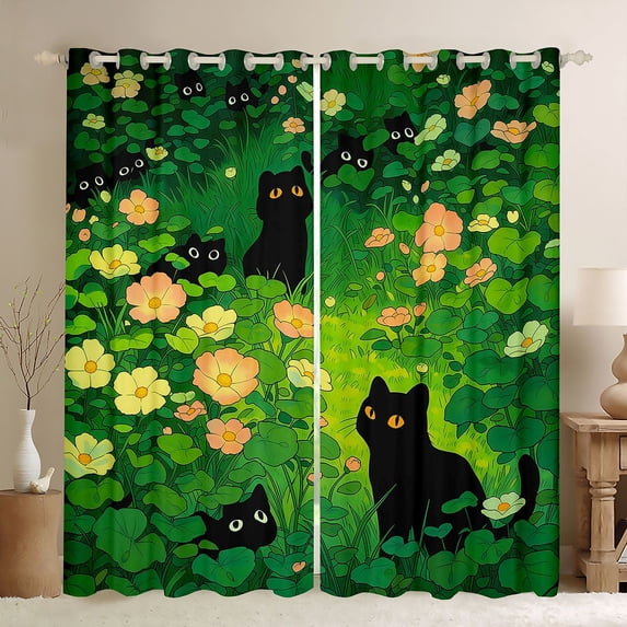 Manfei Cute Cat Pet Blackout Curtains, Cartoon Summer Lotus Window Curtains Pack of 2 (38x45 Each), Green Black