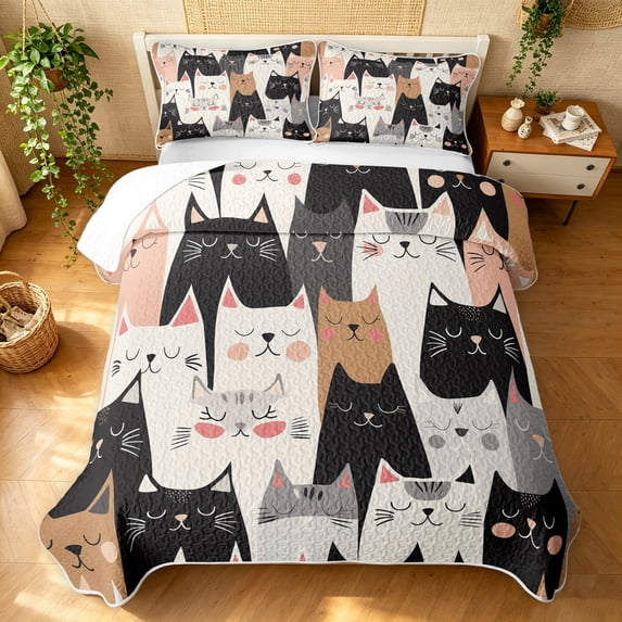 Manfei Cute Cat Quilt Full, Cartoon Stripes Kitten Full Bedspread Sets, Neutral, 3-Piece, 1 Coverlet and 2 Pillowcases