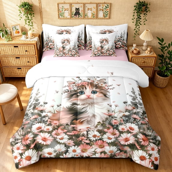 Manfei Cute Cat Twin Bedding, Cartoon Kitten Animal Bedding Comforter Set, Pink White, Pink Reversible, 7-Piece