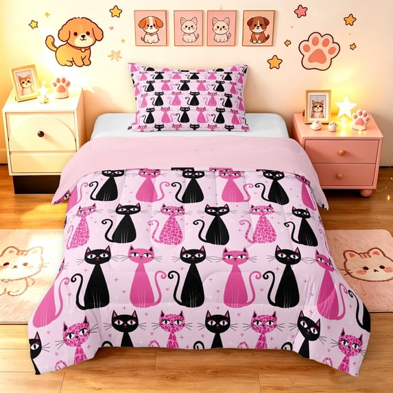 Manfei Cute Cat Twin Comforter Sets, Cartoon Kitten Lover Bedding Set, Hot Pink, Pink Reversible, 2pcs, 1 Comforter and 1 Pillowcase