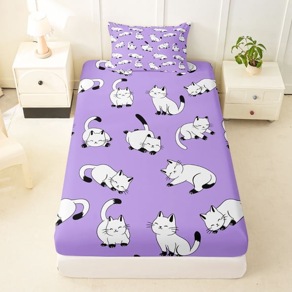 Manfei Cute Cat Twin Fitted Sheet, Cartoon Animal Theme Bedding, Purple White, 2-Piece, 1 Fitted Sheet and 1 Pillowcase