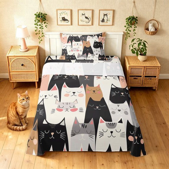 Manfei Cute Cat Twin Sheets, Cartoon Stripes Kitten Bedding, Neutral, 3-Piece, 1 Flat Sheet, 1 Fitted Sheet and 1 Pillowcase
