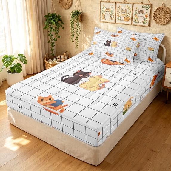 Manfei Cute Cat Zipper Queen Comforter Set with Fitted Sheet and 2 Pillowcases, Cartoon Grid Plaid Zipper Bedding Set, White, Polkadot Reversible, 4-Piece