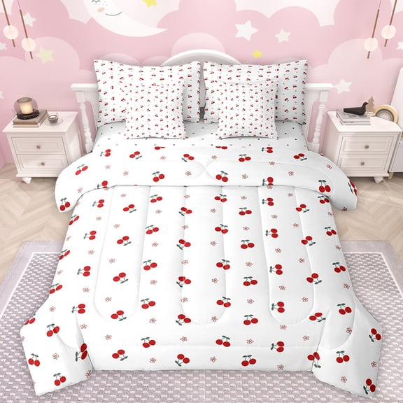Manfei Cute Cherry Flowers 7pcs Bedding Comforter Set,Sweet Cherry Theme Queen Bedding Sets,Red White Queen Sheet Sets For Girls Kids,Luxury Bedroom Decor Reversible
