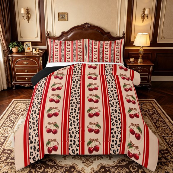 Manfei Cute Cherry Queen Comforter Set,Brown Leopard Print Comforter Sets Queen,Black Reversible,3pcs,1 Comforter and 2 Pillowcases