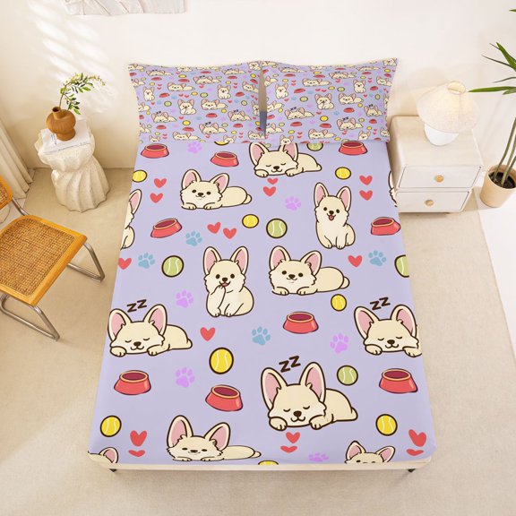Manfei Cute Chihuahua Dog Fitted Sheet Queen, Pet Lover Bedding, Light Lavender, 3pcs, 1 Fitted Sheet and 2 Pillowcases
