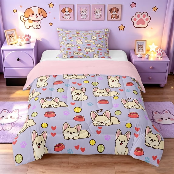 Manfei Cute Chihuahua Dog Twin Comforter Sets, Pet Lover Bedding Set, Light Lavender, Pink Reversible, 2pcs, 1 Comforter and 1 Pillowcase