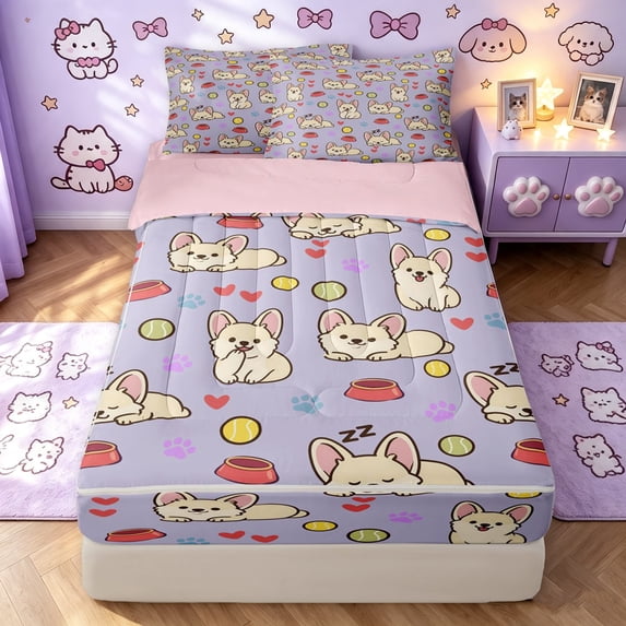 Manfei Cute Chihuahua Dog Zipper Twin Comforter Sets with Fitted Sheet and 2 Pillowcases, Pet Lover Zipper Bedding Set, Light Lavender, Pink Reversible, 4pcs