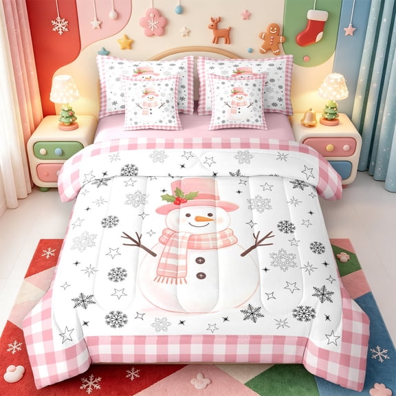 Manfei Cute Christmas Candy Cane 7-Piece Twin Bedding,Western Xmas Festive Bedding Comforter Set,Pink Reversible