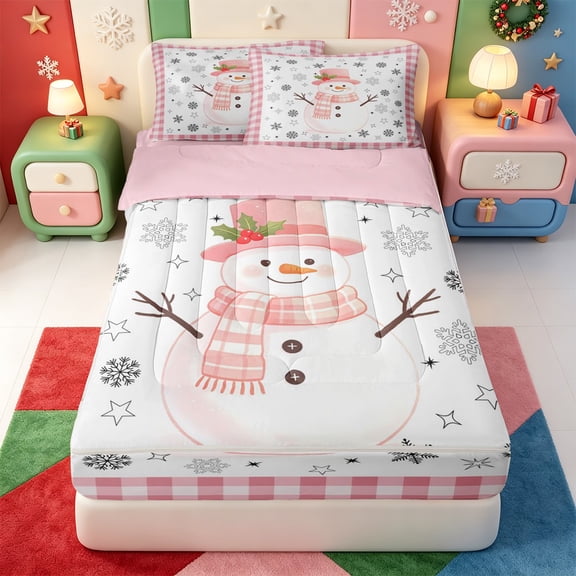 Manfei Cute Christmas Candy Cane Zipper Twin Comforter Sets with Fitted Sheet and 2 Pillowcases,Western Xmas Festive Zipper Bedding Set,Pink Reversible,4-Piece