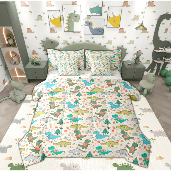 Manfei Cute Christmas Dinosaur Bedding Comforter Set 7pcs, Kawaii Cartoon Animal King Bedding Sets, Happy New Year Reversible Bed Sheets, Ultra Soft Home Decor