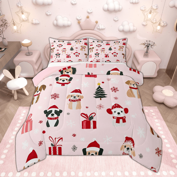 Manfei Cute Christmas Dog Bedding Comforter Set, Merry Xmas Twin Comforter Sets for Girls, Snowflake Present Print Bedding Set, Ultra Soft Home Decor, Reversible 2pcs