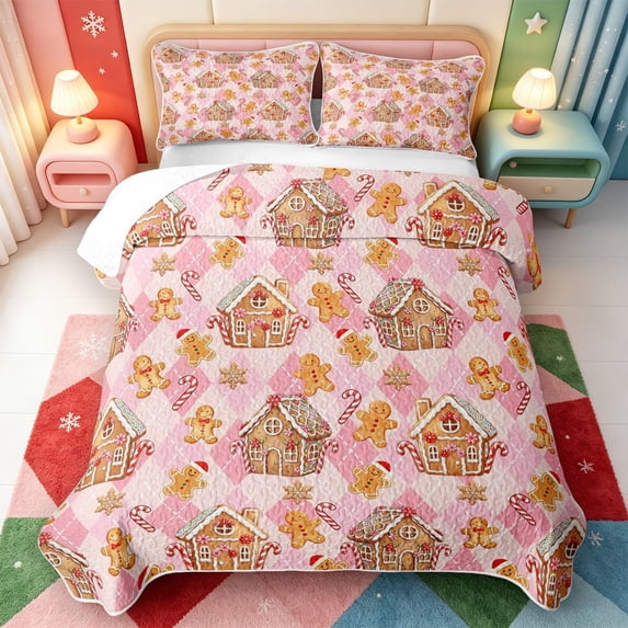 Manfei Cute Christmas Elk Bed Spread Queen,Winter Holiday Queen Coverlet Set,3pcs,1 Quilt and 2 Pillowcases