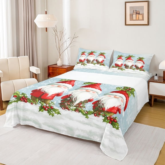 Manfei Cute Christmas Gnome Bed Sheets,Rustic Xmas Flower King Sheets,Red Berry White Snowflake Sheet Set For Girls Boys,Luxury Bedroom Decor,4-Piece