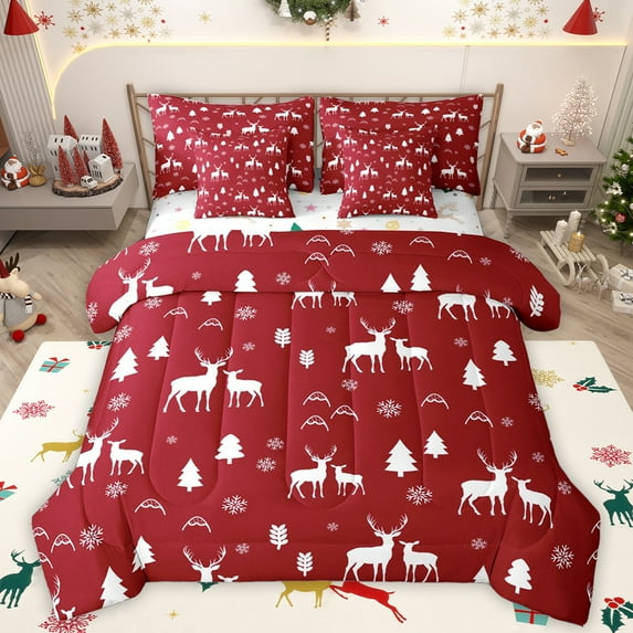 Manfei Cute Christmas Reindeer 7-Piece Twin Bedding Sets,Merry Xams Bedding Comforter Set,Red White Sheet Sets For Teens,Luxury Bedroom Decor Reversible