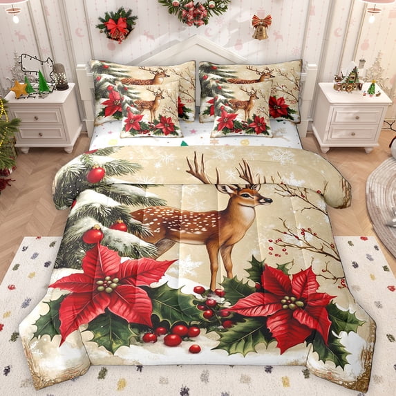 Manfei Cute Christmas Reindeer 7-Piece Twin Bedding Sets,Rustic Xmas Flower Bedding Comforter Set,Red Green Beige Sheet Sets For Adults,Microfiber Bedroom Decor Reversible