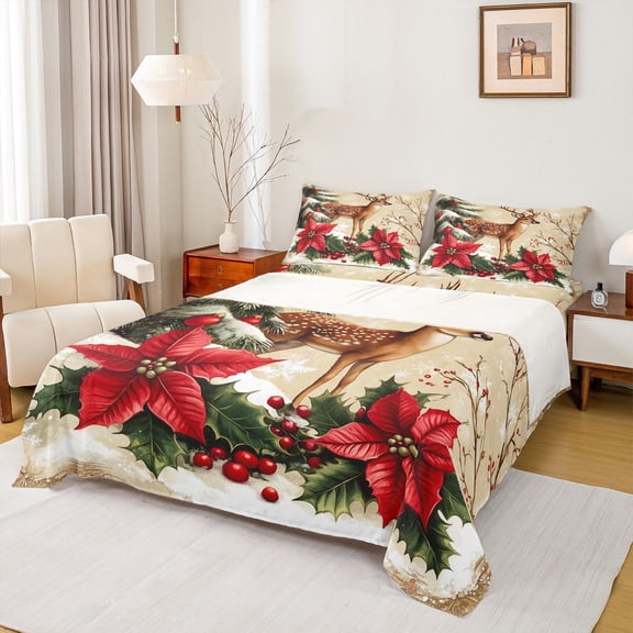 Manfei Cute Christmas Reindeer Twin Sheet Sets,Rustic Xmas Flower Twin Fitted Sheet,Red Green Beige Flat Sheet For Adults,Microfiber Bedroom Decor,3pcs