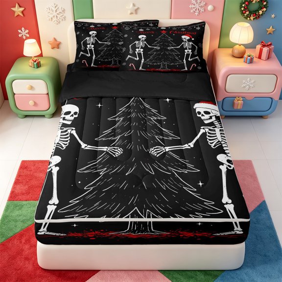 Manfei Cute Christmas Snowflake Zipper Twin Comforter Sets with Fitted Sheet and 2 Pillowcases,Merry Xmas Zipper Bedding Set,Black Reversible,4pcs