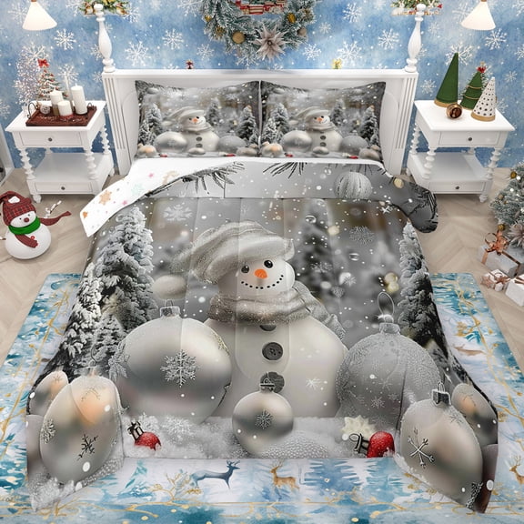 Manfei Cute Christmas Snowman Bedding Comforter Set,Hello Winter Twin Comforter Sets,White Silver Bedding Set For Girsl Kids,Luxury Bedroom Decor Reversible,2 Pieces