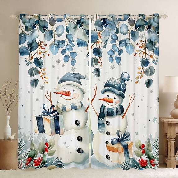 Manfei Cute Christmas Snowman Blackout Curtains Set of 2 (52x84 Each) for Girls, Watercolor Leaf Plant Window Curtains, Fairy Tale Curtains and Drapes, Curtains Blackout Bedroom Decor