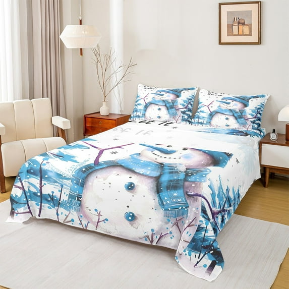 Manfei Cute Christmas Snowman Full Size Sheets,Rustic Branch Bed Sheets,Blue White Sheet Sets For Girl Kids,Breathable Home Decor,4 Pieces