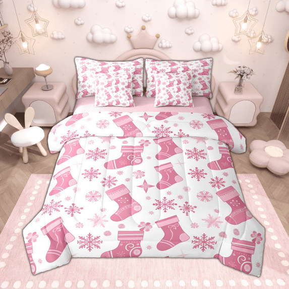 Manfei Cute Christmas Stocking Bedding Comforter Set 7-Piece, Merry Xmas Happy New Year King Bedding Sets for Girls, Kawaii Pink Snowflakes Bed Sheets, Breathable Home Decor