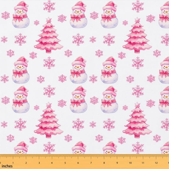 Manfei Cute Christmas Tree Snowman Fabric by the Yard 5 Yards, Merry Xmas Fabric for Sewing, Snowman White