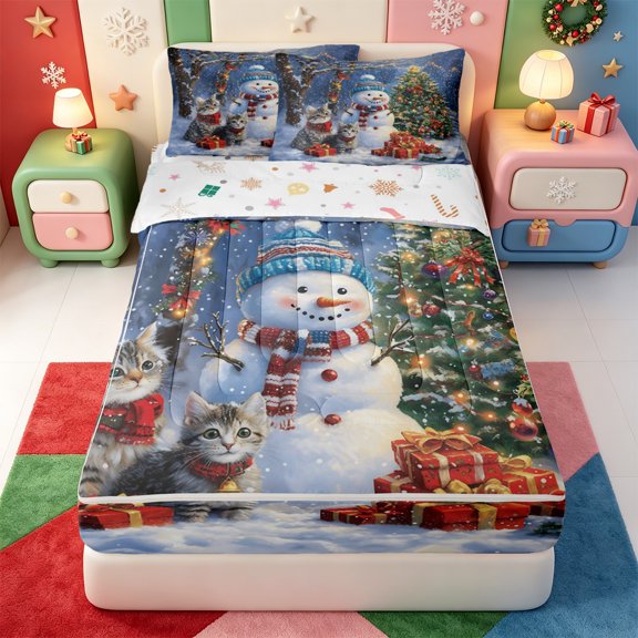 Manfei Cute Christmas Tree Zipper Twin Comforter Sets with Fitted Sheet and 2 Pillowcases,Winter Holiday Zipper Bedding Set,Xmas Reversible,4pcs