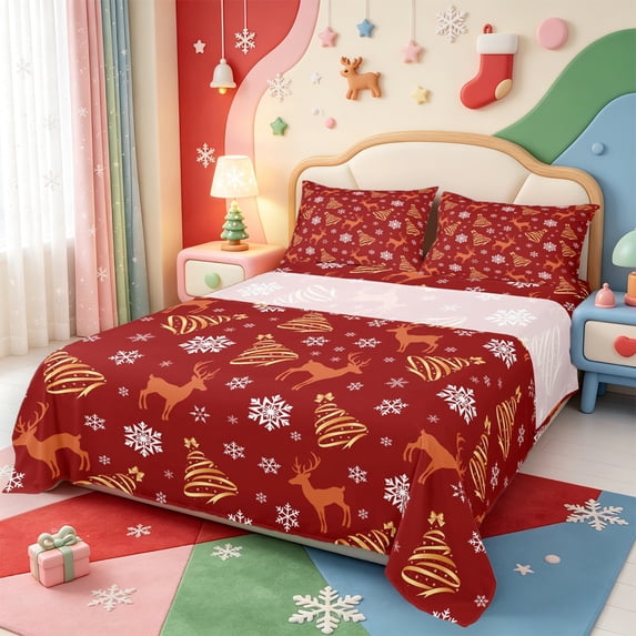 Manfei Cute Christmas Wreath Bed Sheets,Winter Holiday Full Size Sheets,4pcs,1 Flat Sheet,1 Fitted Sheet and 2 Pillowcases