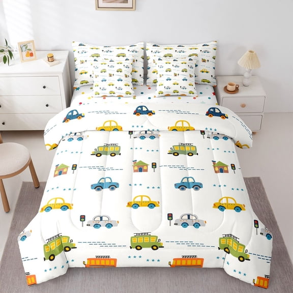Manfei Cute City Cars 7-Piece Twin Bedding,Boys Friendly Pattern Bedding Comforter Set,Beige,Polkadot Reversible