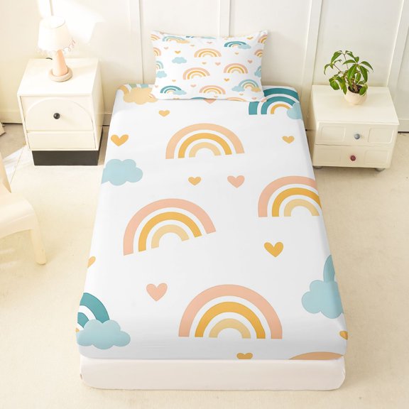 Manfei Cute Cloud Rainbow Twin Fitted Sheet, Cartoon Love Heart Bedding, White, 2-Piece, 1 Fitted Sheet and 1 Pillowcase